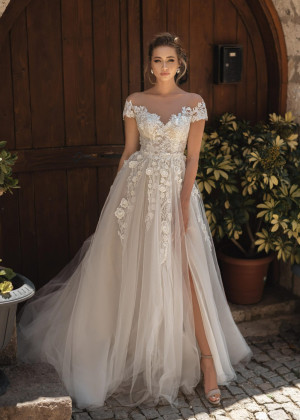 Short Sleeves Beaded Ivory Lace Tulle Slit Floral Wedding Dress